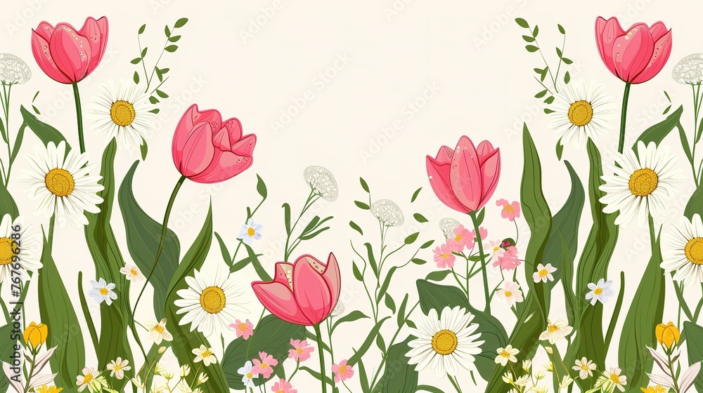 A colorful flower garden with a white background. The flowers are pink and yellow. The flowers are arranged in a way that they are all facing the same direction