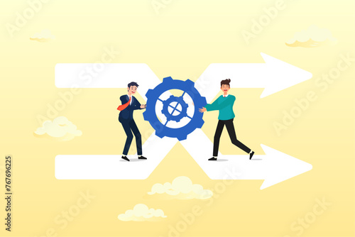 Businessman staff team help turn gear cog to manage change direction arrows, change management, professional or expertise to manage company transformation or implement new process (Vector)
