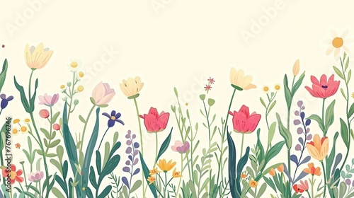 A colorful field of flowers with a white background. The flowers are of various colors and sizes  and they are arranged in a way that creates a sense of depth and movement