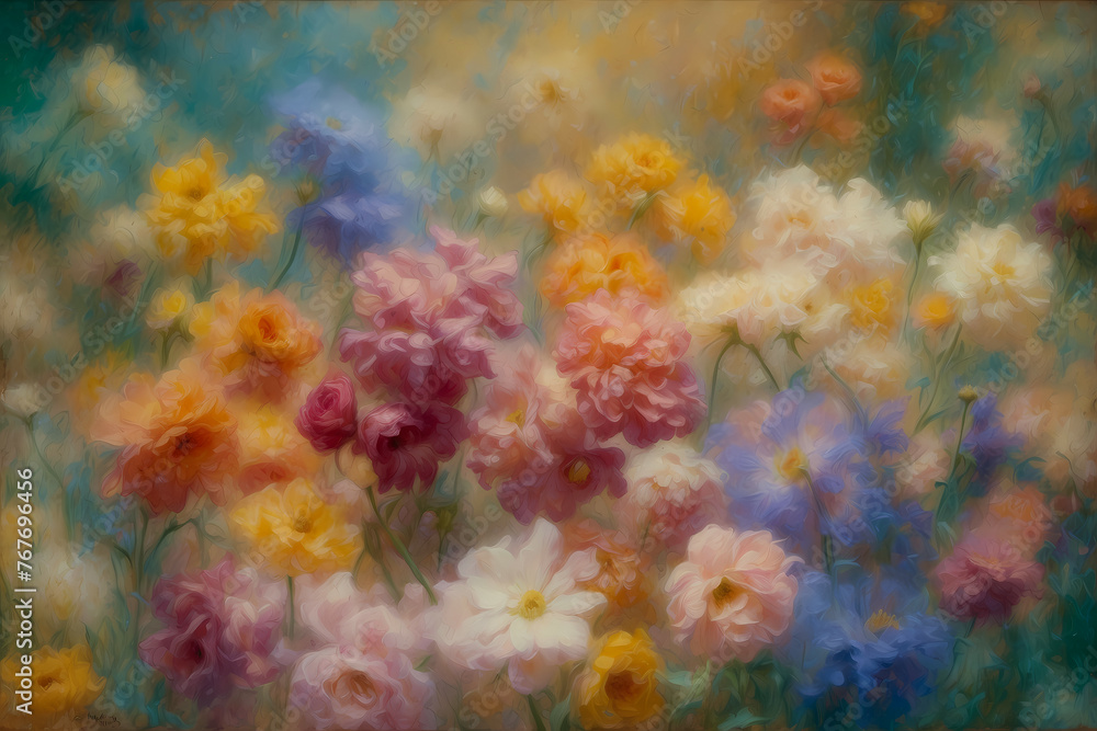 A background of blurry patches of a variety of flowers in full bloom grouped by color in an 1880s impressionist style.