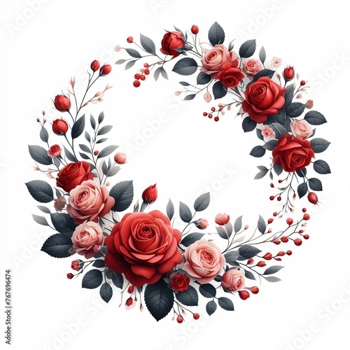 Floral Round Frame with Red Rose Flowers for Mother's Day, Women's Day, and Valentine's Day on White Background