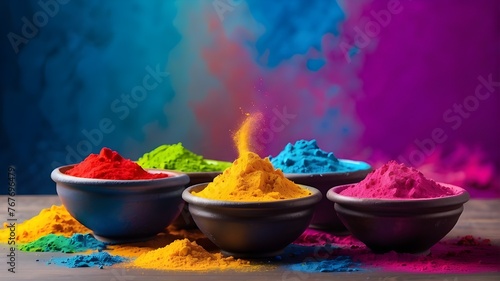 Vibrant holi powder colors mixed into bowls for a pop. Banner concept for the Indian holiday of Holi with copy space.