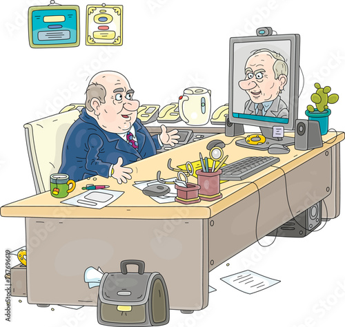 Government official sitting at his work desk in front of a computer monitor wit a webcam in an office and talking to another functionary at an online conference, vector cartoon illustration on white