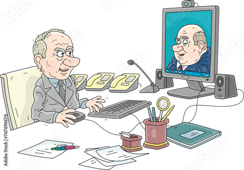 Angry government official sitting at his work desk in front of a computer monitor wit a webcam in an office and talking to another functionary at an online conference, vector cartoon illustration