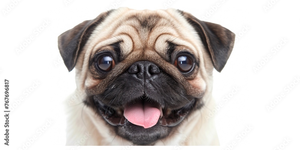 A pug dog with its tongue out and a smile on its face. The dog is looking directly at the camera