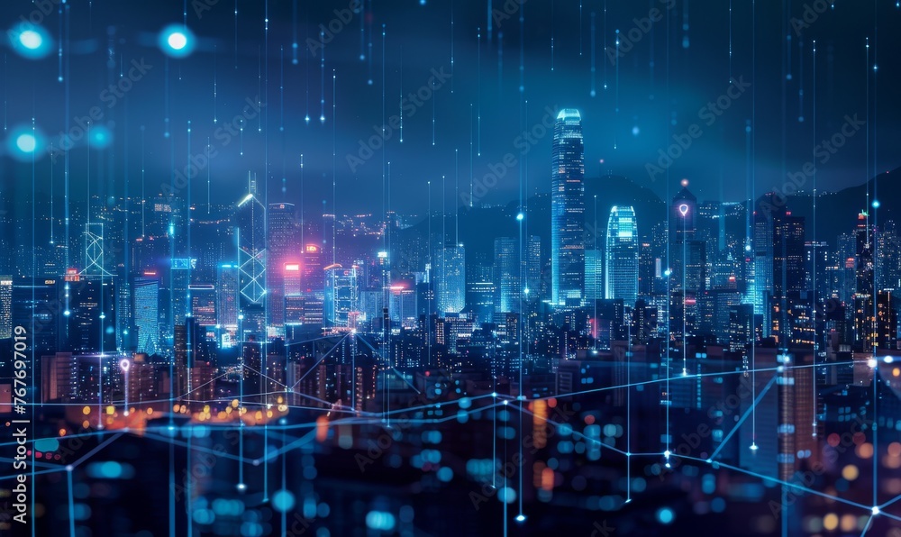 Fototapeta premium Futuristic city, connection technology, glowing lights