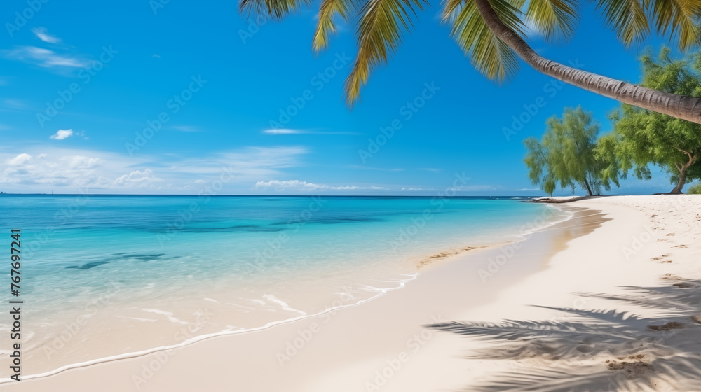  Tropical beach. Summer vacation on a tropical island with beautiful beach and palm trees. Tropical Maldives. - obrazy, fototapety, plakaty 