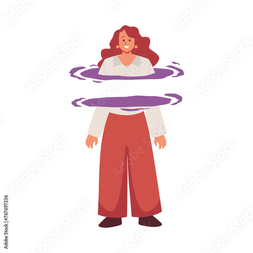 Happy young woman using portal or teleport flat style