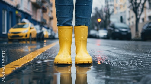 A woman in yellow rain boots stands in the rain. Concept of resilience and determination in the face of inclement weather photo