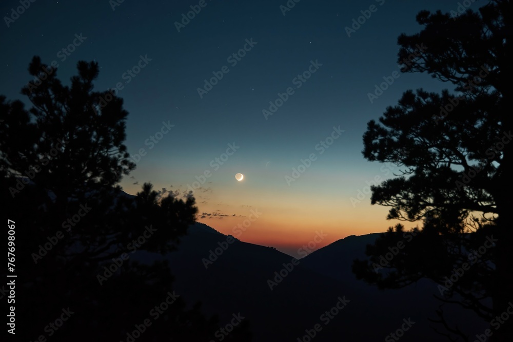 Beautiful mountain landscape at sunset. Silhouettes of mountains and crescent moon