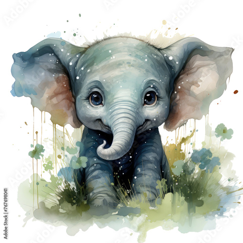 Watercolor baby elephant small cute with big eyes easter, hare, t-shirt design, background art wallpaper, print, for printing, poster, wall painting, interior - generative AI