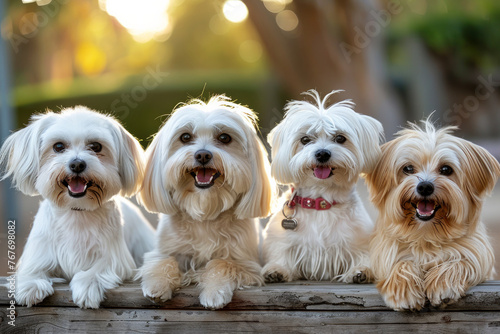 Four dogs are sitting on a bench, with one of them wearing a pink collar. The dogs are all smiling. four happy Maltese of different breeds standing on park bench, park in background © Nataliia_Trushchenko