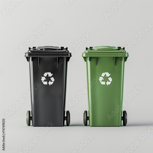 Two trash cans, one black and one green, with a recycling symbol on them