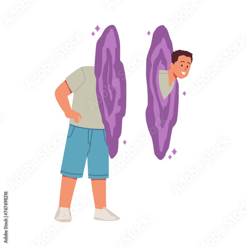 Happy young boy using purple portal or teleport flat style
