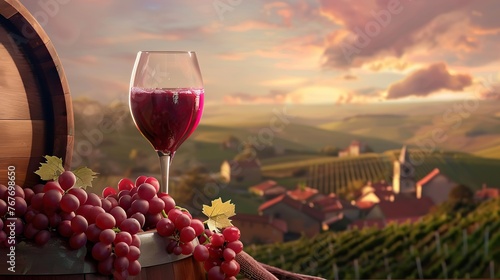 A glass of red wine is poured into a wine glass, with a bunch of grapes on the table