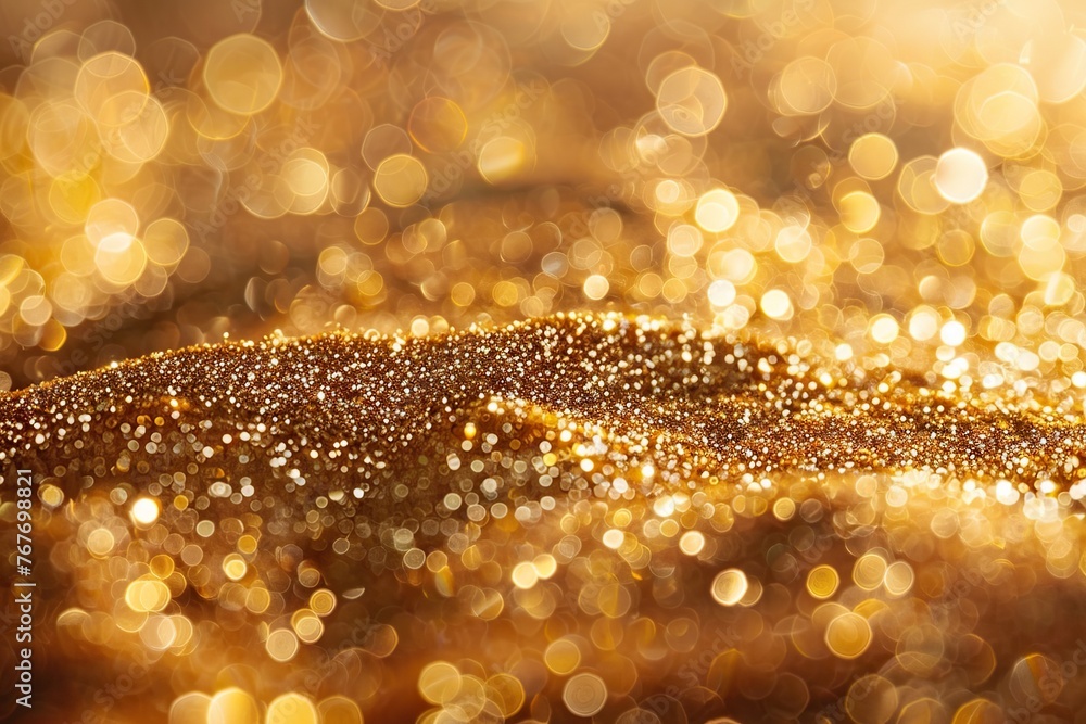 A gold colored background with a lot of glitter. The glitter is scattered all over the background and it gives the image a shiny and sparkling appearance