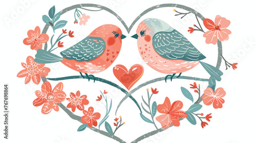 Shabby Chic Valentine Love Birds in Heart flat vector © Ideas