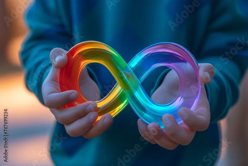 Kid hand holding autism infinity rainbow symbol sign. World autism awareness day, autism rights movement, neurodiversity, autistic acceptance movement