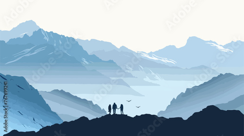 Silhouette of people on a background of mountains. 