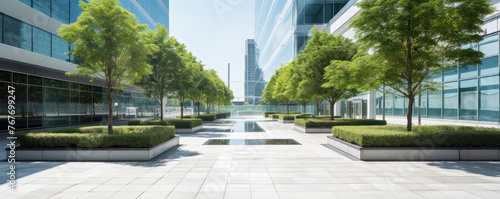 Modern Corporate Plaza with Lush Greenery and Benches