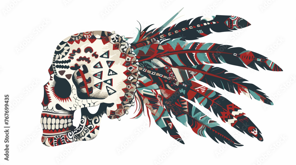 Skull adorned with intricate tribal patterns and feat