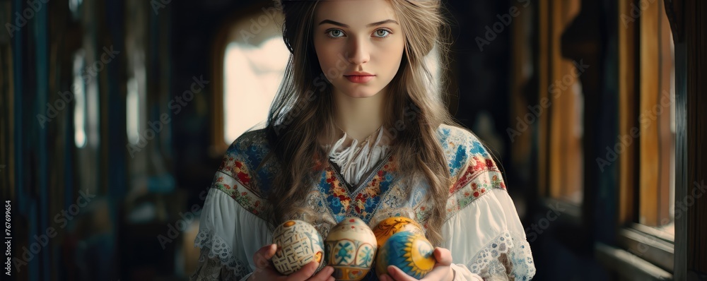 Obraz premium Young girl holding traditional painted eggs