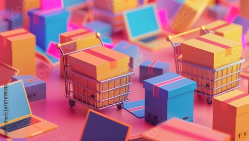 Carts with boxes on the background, depicting an online shopping concept.