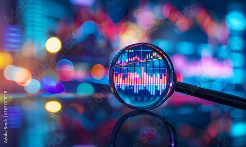 The dominant view of a magnifying glass over a business chart with a technology background. A concept for stock market or financial data analysis. 