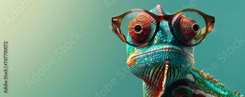 Photo of A chameleon wearing sunglasses on green background, cute colorful animal character concept, copy space banner for advertising and marketing in advertising