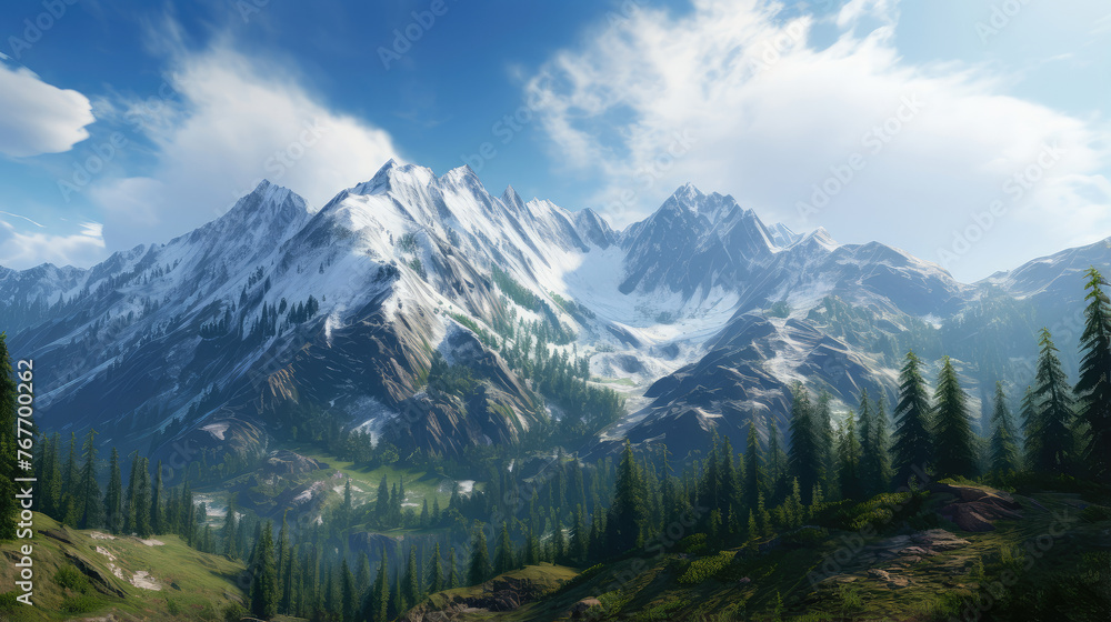 Fototapeta premium Serene Mountain Peaks Amidst Verdant Valleys