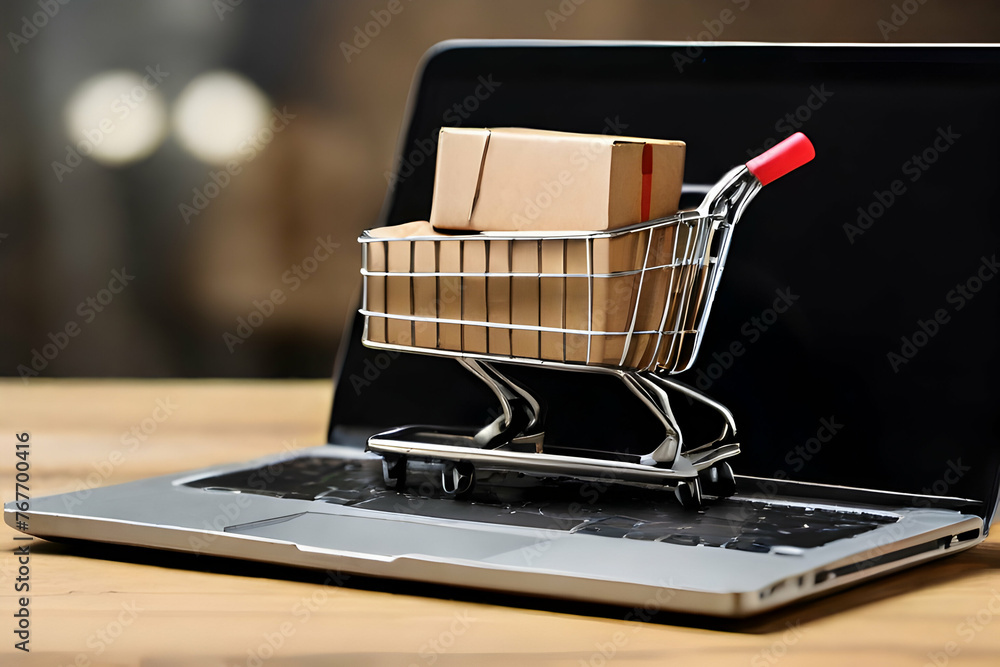 shopping cart with laptop  cart, buy, trolley, market, basket, business,Ai generated 