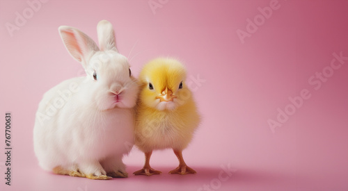 a yellow chick with a white rabbit in a captivating pose against a serene light pink monochromatic backdrop, its endearing presence shining brightly in a heartwarming and delightful image © Nataliia_Trushchenko