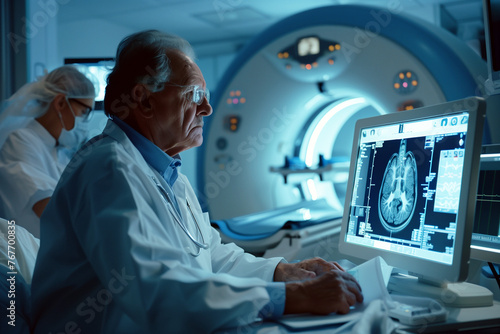 Disease diagnosis with medical doctor seeing Magnetic Resonance Imaging (MRI) film diagnosing.