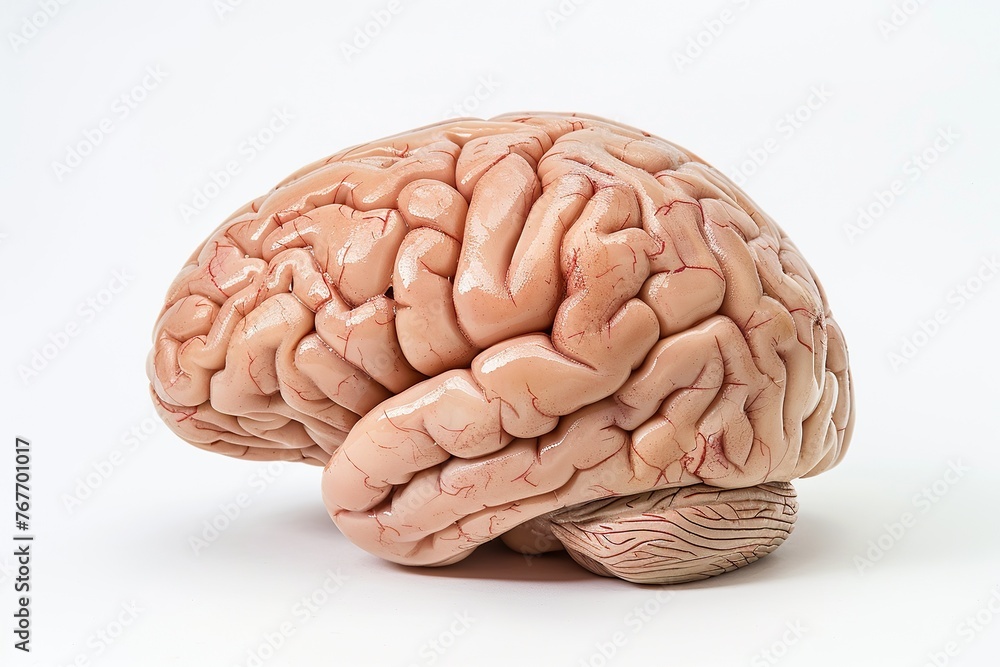 A brain is shown in a close up. The brain is pink and white in color. The brain is the most important organ in the body - obrazy, fototapety, plakaty 