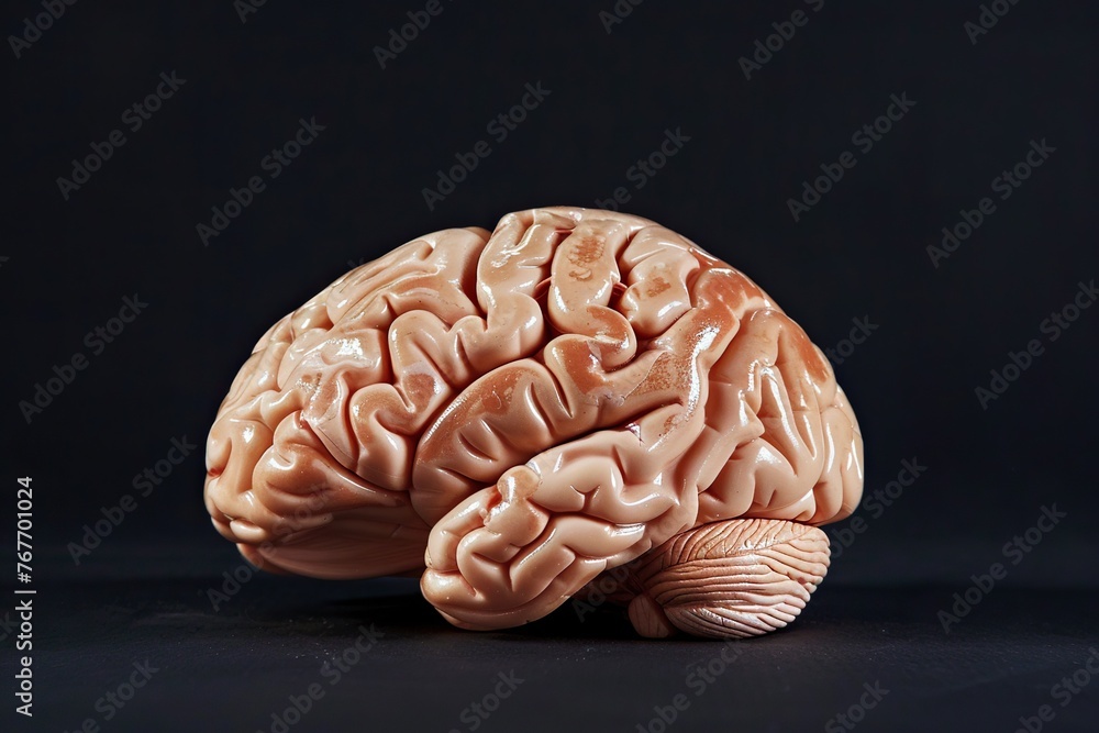 A brain is shown in a close up on a black background. The brain is made of plastic and he is a model. The brain is the central organ of the human body A brain is shown in a close up on a black background. The brain is made of plastic and he is a model. The brain is the central organ of the human body