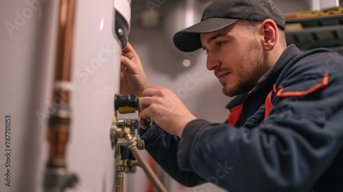 Professional Caucasian Plumber Repairing Tank Water Heater in Boiler Room of Commercial Building. Heating Equipment Maintenance Theme © Ruslan Gilmanshin
