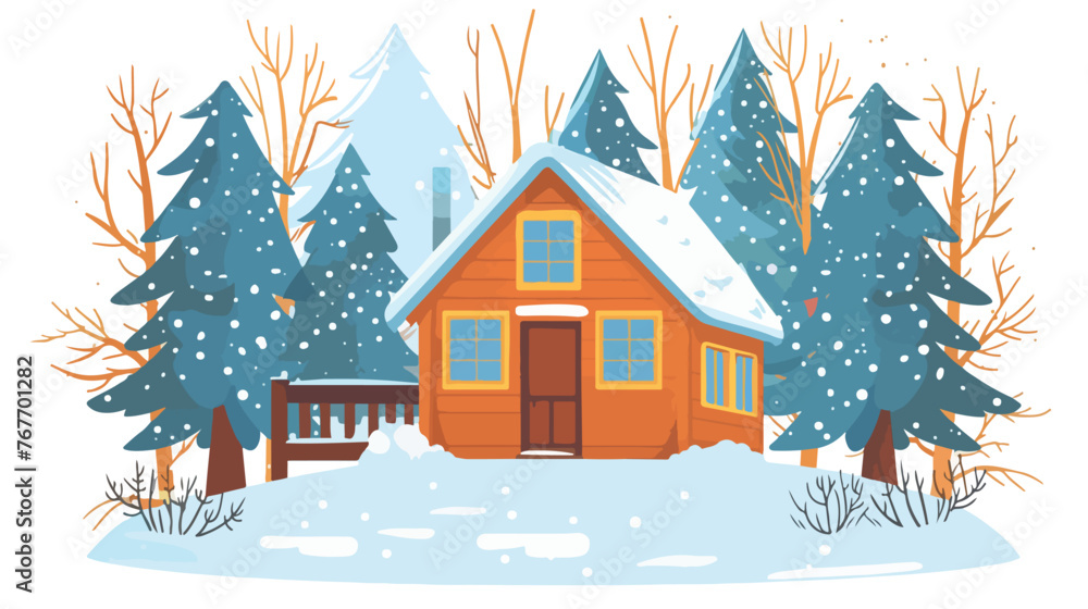 Snowy Cabin Cozy House Nestled Amongst Winter Trees..