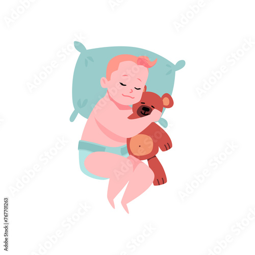 Cute red-haired baby boy in diaper sleeping and hugging bear toy flat style