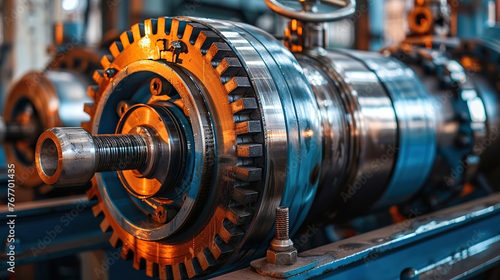 A large blue machine with a metal gear. The machine is in a factory setting. Concept of industrialization and machinery A large blue machine with a metal gear. The machine is in a factory setting. Concept of industrialization and machinery
