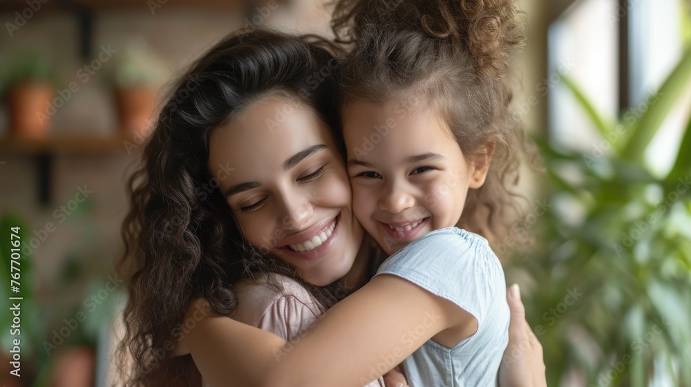 Affectionate loving middle aged mother cuddling child. Excited to see daughter, happy senior older mom cuddling her, sitting together on comfortable sofa in living room Affectionate loving middle aged mother cuddling child. Excited to see daughter, happy senior older mom cuddling her, sitting together on comfortable sofa in living room