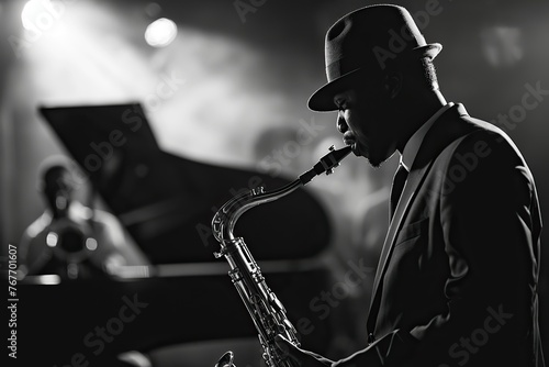 A man playing a saxophone in a black and white photo. The man is wearing a hat and a suit