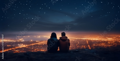 A silhouette of a couple sitting on the top of a hill under a dark starry sky and watching the lights of a large city  a night skyline below.