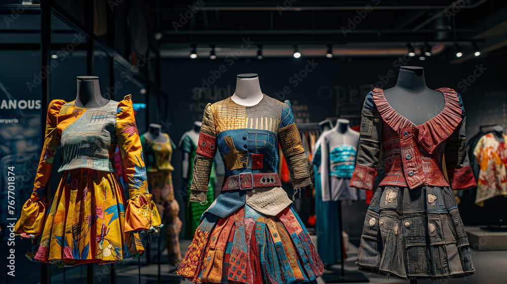 Upcycled Fashion: A display of trendy clothing made from upcycled materials, sustainable fashion a circular approach in the textile industry