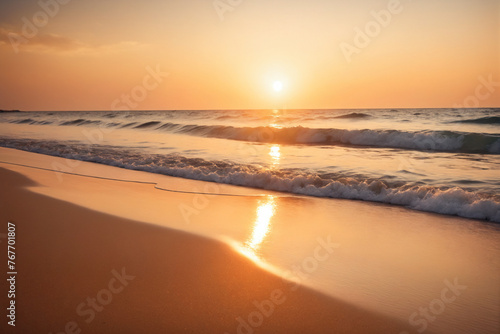 Closeup sea sand beach. Panoramic beach landscape. Inspire tropical beach seascape horizon. Orange and golden sunset sky calmness tranquil relaxing sunlight