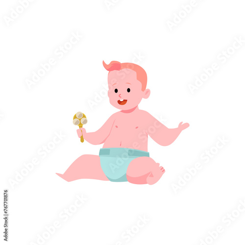 A baby in a diaper plays with a toy in a vector scene.