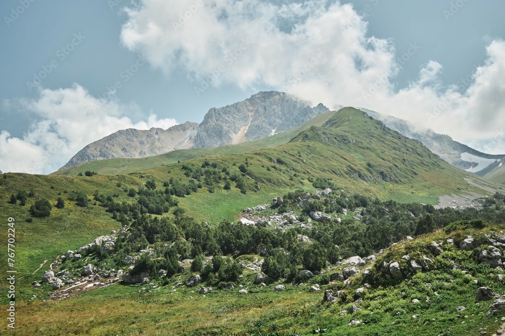 The high mountain Pshekha-Su and the mountain lake Psenodakh in the Caucasus mountains. The natural landscape. The high-altitude area of the Caucasian Nature Reserve