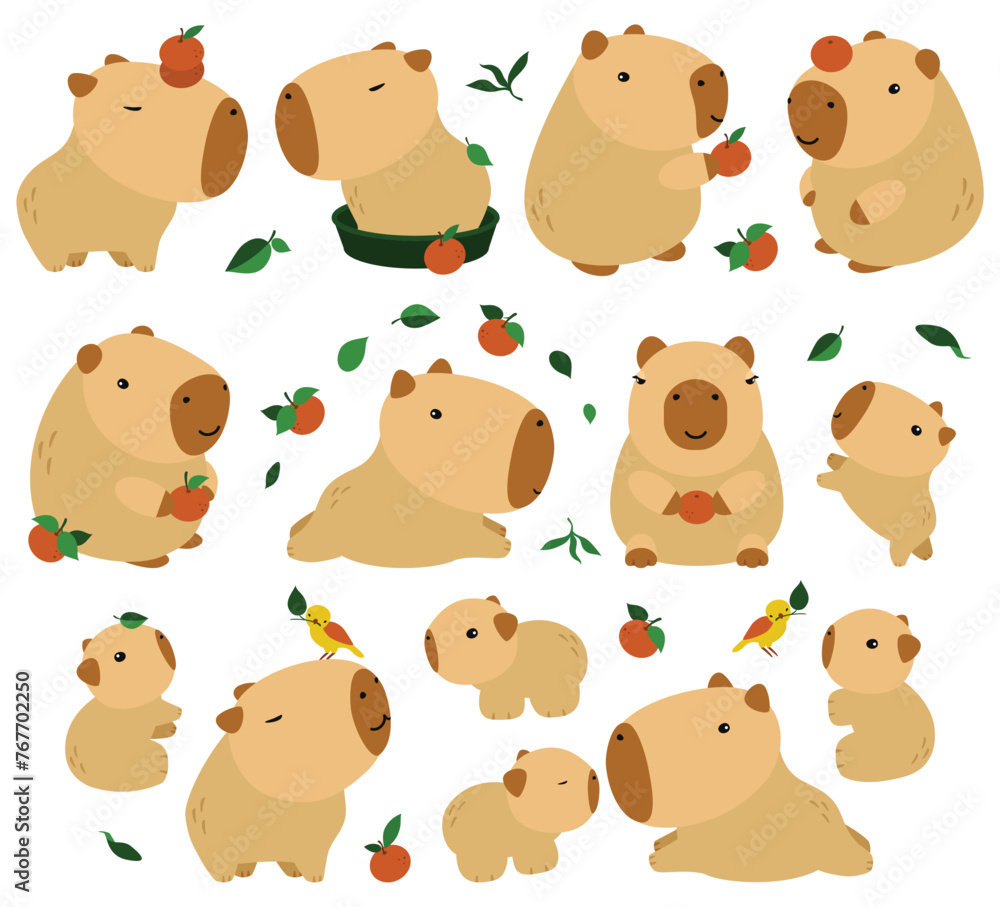Obraz premium Capybara cute on a white background, vector illustration. Cutie funny capybara cartoon portrait, full face.Trendy animal. For printing on fabric, postcard, wrapping paper, kids party, baby shower,art