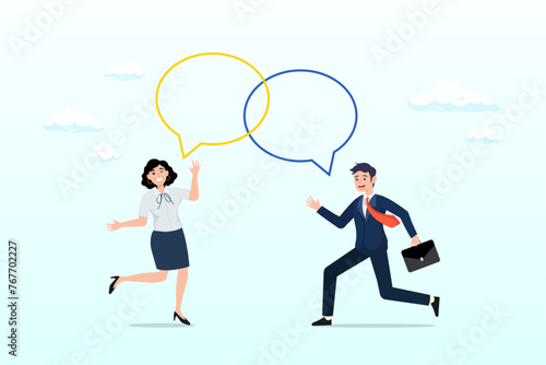 Businessman represent brand talk with customer as linked speech bubble, customer engagement, emotional connection between customer and brand, loyalty, consumer trust or deep relationship (Vector)