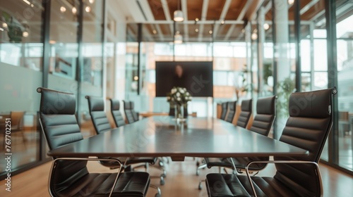 Modern Conference Room with Spacious and Bright Corporate Meeting Space Featuring Biophilic Design Elements and Panoramic Glass Walls