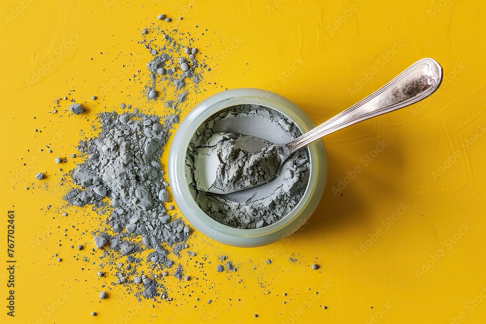 A spoonful of powder is sitting on a yellow surface. The powder is grey and he is a type of makeup A spoonful of powder is sitting on a yellow surface. The powder is grey and he is a type of makeup